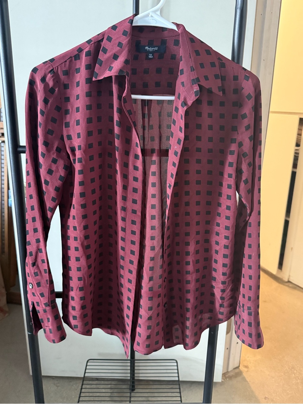 Madewell Burgundy Blouse with Black Square Print